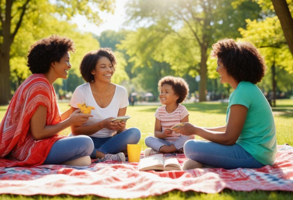 A warm and inviting scene of diverse mothers interacting in a sunny park, sharing advice and laughter, with children playing nearby. Include elements of support like a blanket with snacks, a book on parenting, and a shared coffee cup. Capture the essence of community and togetherness, highlighting the beauty of motherhood. super-realistic. vibrant colors. soft focus.