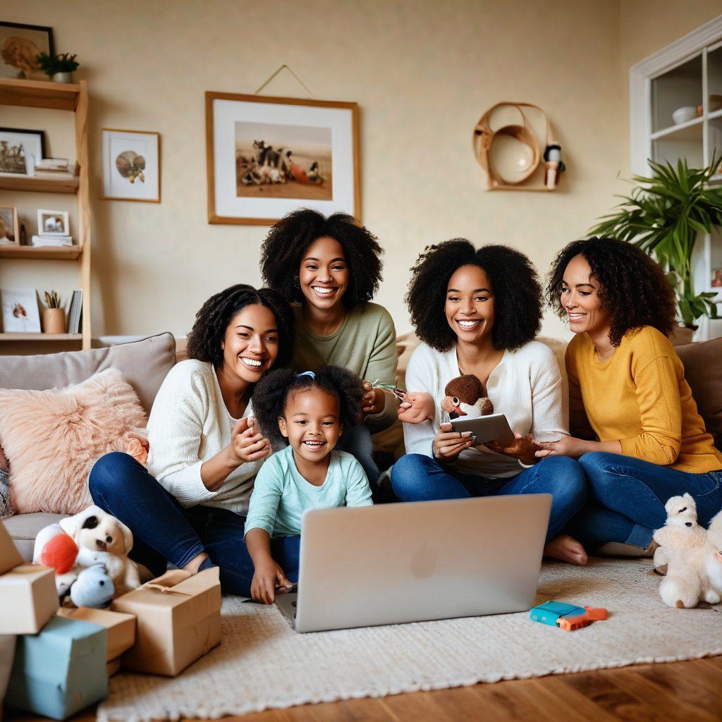 A warm, heartwarming scene of a diverse group of mothers smiling and supporting each other while juggling various tasks like baby-sitting, working on laptops, and enjoying a cheerful moment together. The background shows a cozy home environment filled with toys and family photos, symbolizing the complexity and joy of mom life. Bright colors and soft lighting enhance the uplifting vibe of the scene. super-realistic. vibrant colors. cozy atmosphere.