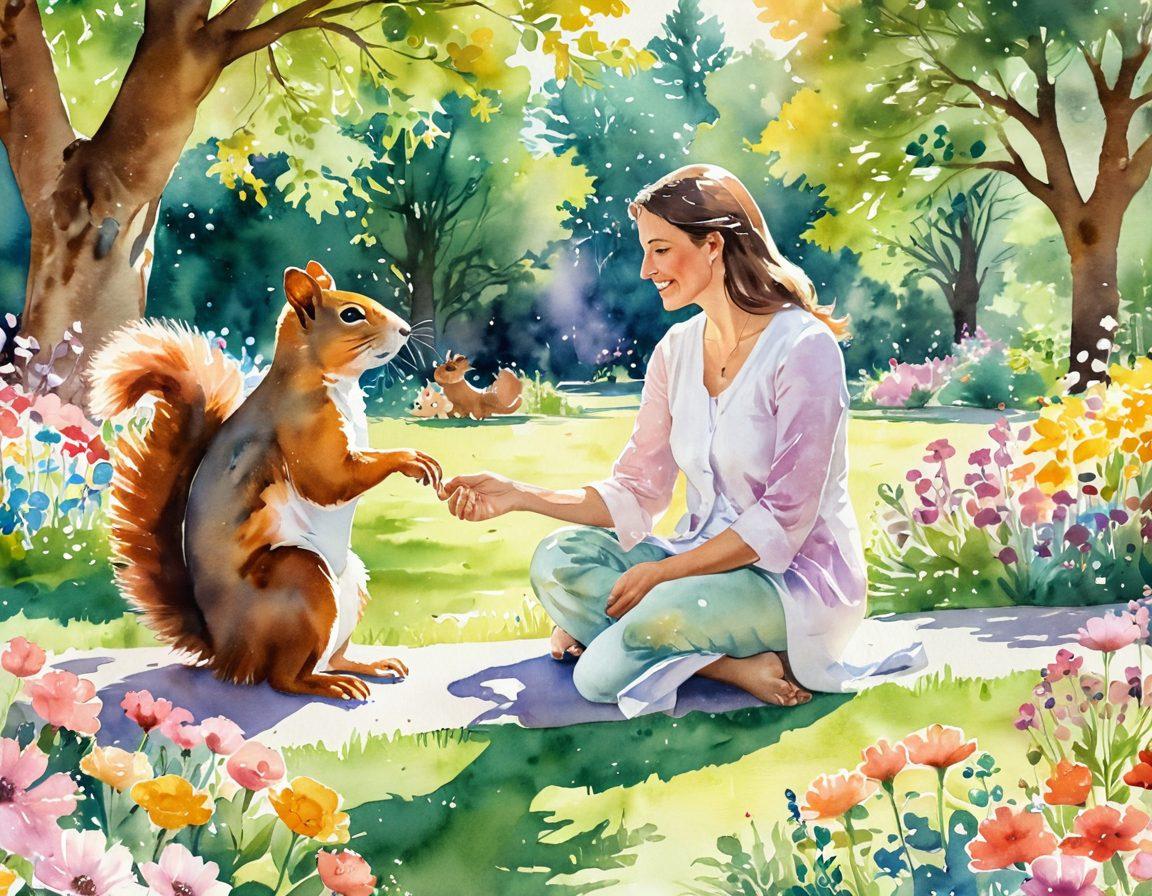 A serene mother interacting with her joyful child in a sunlit park, surrounded by colorful flowers and playful squirrels. Include a diverse group of supportive mothers chatting nearby, with a warm, inviting atmosphere that conveys community. Soft, pastel colors highlighting the warmth of motherhood. watercolor style. vibrant colors. natural setting.